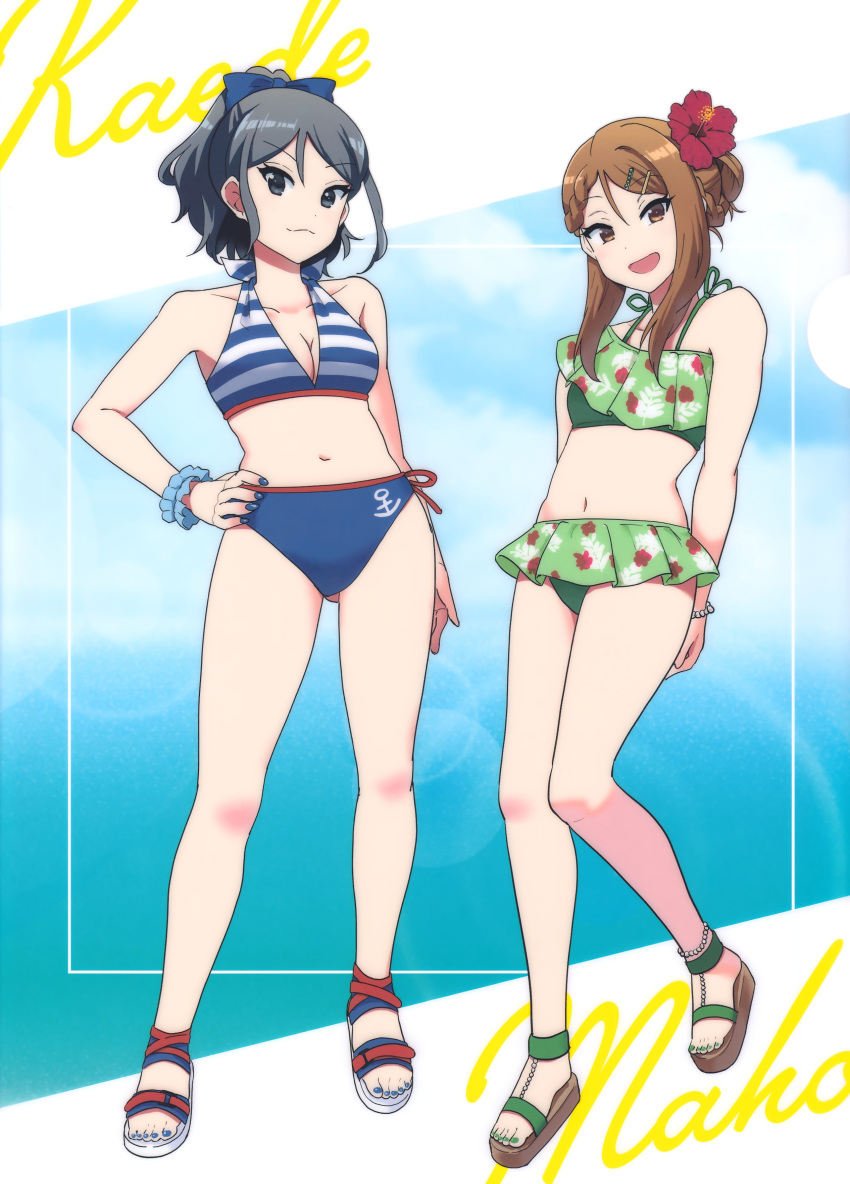 2girls absurdres arm_behind_back bikini black_hair blue_eyes bow bracelet breasts brown_hair character_name cleavage cloud cloudy_sky floral_print_bikini flower foot_jewelry hair_bow hair_flower hair_ornament hairclip hand_on_own_hip highres jewelry k-on! k-on!_shuffle kakifly leaf_print long_hair looking_at_viewer medium_breasts multiple_girls nail_polish navel non-web_source official_art open_mouth ponytail romaji_text sandals sawabe_maho scan shimizu_kaede sky smile string_bikini striped_bikini striped_clothes sun_glare swimsuit