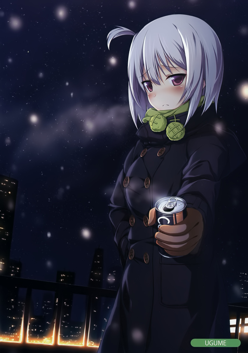 absurdres artist_name black_coat blush brown_gloves can eyebrows_visible_through_hair gloves hair_between_eyes hand_on_hip highres holding holding_can long_hair looking_at_viewer night one_side_up original outdoors red_eyes scan silver_hair sky snowing solo star_(sky) starry_sky ugume