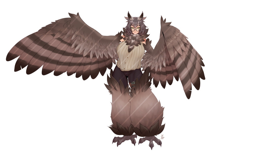 1girl bespectacled bird_legs breasts brown_feathers brown_hair commentary english_commentary feather_hair feathered_wings feathers fluffy glasses hair_between_eyes harpy highres large_breasts looking_at_viewer monster_girl monster_girl_encyclopedia neck_fur okasbasement outstretched_arms owl_girl owl_mage_(monster_girl_encyclopedia) round_eyewear shirt short_hair simple_background sleeveless sleeveless_shirt solo standing talons white_background winged_arms wings yellow_eyes