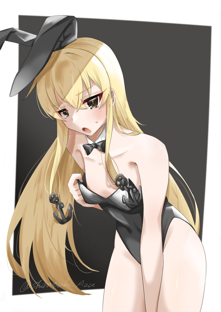 1girl alternate_costume anchor_hair_ornament animal_ears black_background black_bow black_bowtie black_leotard blonde_hair bow bowtie breasts detached_collar grey_eyes hair_ornament highres kantai_collection leaning_forward leotard long_hair one-hour_drawing_challenge open_mouth oversized_breast_cup playboy_bunny rabbit_ears shimakaze_(kancolle) shiratsuki_azu small_breasts solo strapless strapless_leotard two-tone_background