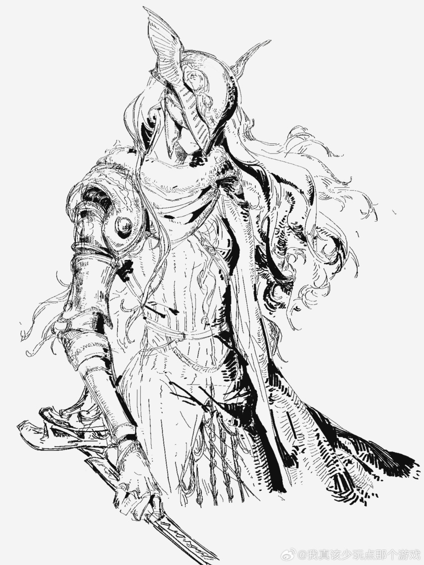 1girl absurdres cape chinese_commentary commentary_request covered_eyes cowboy_shot cropped_legs dress elden_ring expressionless facing_viewer fur-trimmed_cape fur_trim greyscale hatching_(texture) helmet helmet_over_eyes highres holding holding_sword holding_weapon lineart long_hair malenia_blade_of_miquella mechanical_arms monochrome prosthesis prosthetic_arm se43ttszm simple_background solo standing sword wavy_hair weapon weibo_logo weibo_watermark white_background winged_helmet