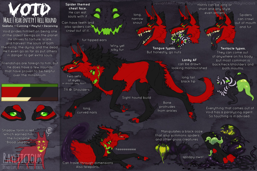 ambiguous_gender black_body black_fur black_sclera canid fangs feral fur green_eyes hi_res long_tongue mammal model_sheet multi_eye neck_eye neck_mouth open_mouth portal rayliicious red_body red_fur red_tail side_view solo tail teeth tentacle_tongue tentacles tongue