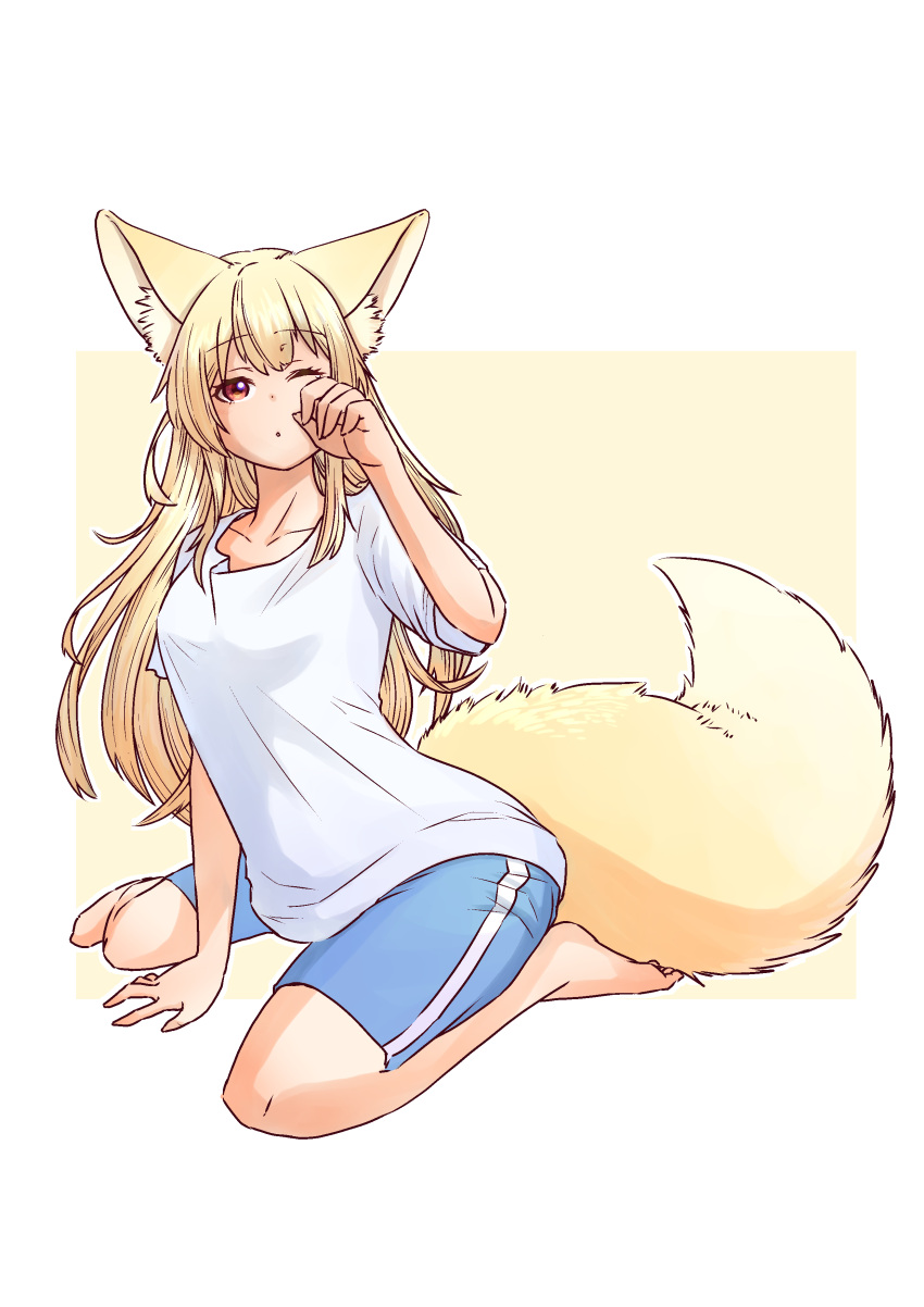 1girl absurdres animal_ear_fluff animal_ears arm_support arm_up barefoot between_legs blonde_hair blue_shorts border collarbone dot_mouth fox_ears fox_girl fox_tail hand_between_legs highres long_hair looking_at_viewer one_eye_closed original outside_border red_eyes shirt shorts simple_background sitting solo tail waking_up wariza white_border white_shirt yamanaka_ta2ki yellow_background