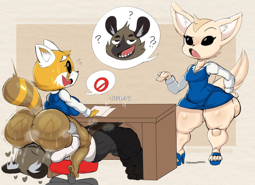 aggretsuko ailurid anthro big_breasts big_butt black_eyes bodily_fluids bottomwear breasts brown_body butt canid canine clothing desk dress english_text erection exclamation_point facesitting female fennec_fox fenneko footwear fox furniture genitals group haida_(aggretsuko) heart_symbol hi_res high_heels huge_butt hyena male male/female mammal markings open_mouth pants penis purple_yoshi_draws question_mark red_panda retsuko sanrio shirt sitting_on_another stool striped_markings striped_tail stripes sweat sweaty_butt table tail tail_markings tan_body text thick_thighs topwear trio true_fox white_body