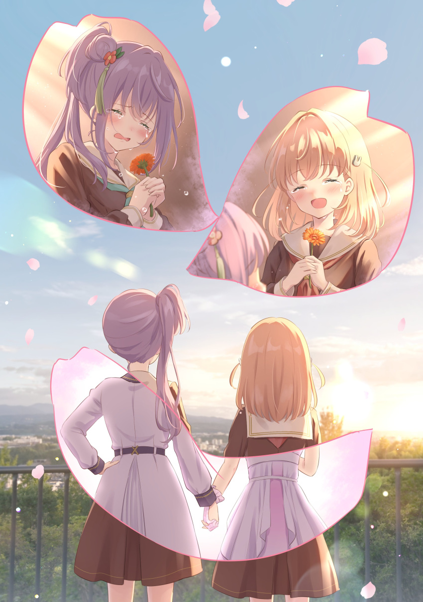 2girls absurdres aqua_neckerchief blue_sky blush brown_dress cerise_bouquet comforting commentary crossed_bangs crying dream_believers_(love_live!) dress falling_petals flower gerbera hair_bun hair_flower hair_ornament hasu_no_sora_school_uniform highres hinoshita_kaho holding holding_flower holding_hands interlocked_fingers layered_dress link!_like!_love_live! link_to_the_future_(love_live!) long_hair long_sleeves love_live! medium_dress medium_hair multiple_girls multiple_views neckerchief orange_hair otomune_kozue petals photo_background pink_dress pleated_dress purple_hair rabbit_hair_ornament red_flower red_neckerchief sad sailor_collar sailor_dress school_uniform side_ponytail sidelocks single_side_bun sky split_theme two_side_up virtual_youtuber white_dress white_sailor_collar winter_uniform yutuki_ame