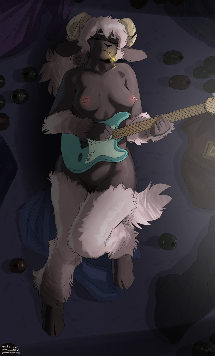 absurd_res anthro bovid breasts caprine casual_nudity cigarette cigarette_in_mouth cloven_hooves curved_horn domestic_sheep electric_guitar eyes_closed female fur genitals guitar hair hi_res hooves horn lying mammal musical_instrument nipple_piercing nipples object_in_mouth on_back piercing playing_guitar playing_music plucked_string_instrument pussy sheep smile smoking smoking_cigarette solo string_instrument the-minuscule-task white_hair wool_(fur)