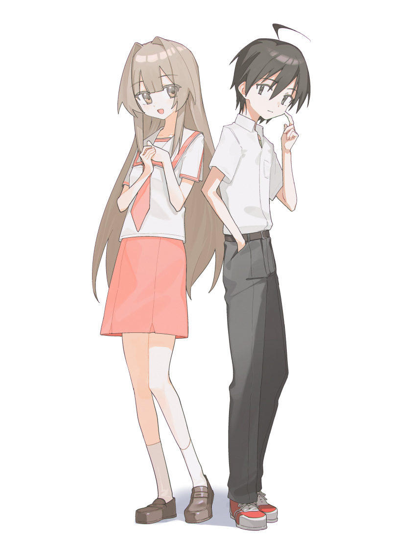 1boy 1girl :d absurdres ahoge alt_text bare_legs belt blunt_bangs blush breasts brown_belt brown_eyes brown_footwear brown_hair closed_mouth collarbone collared_shirt commentary_request dot_nose double-parted_bangs eyes_visible_through_hair finger_to_cheek from_side full_body grey_eyes grey_pants hair_between_eyes hair_intakes hand_in_pocket hand_up hands_up head_tilt highres kurobeko_(kur0bek0) light_brown_hair loafers long_hair looking_at_viewer looking_to_the_side michishio_nagasumi necktie open_collar open_mouth own_hands_together pants pink_necktie pink_skirt pink_trim raised_eyebrows red_footwear sailor_collar school_uniform serafuku seto_no_hanayome seto_sun shirt shirt_tucked_in shoes short_hair short_sleeves sidelocks sideways_glance simple_background skirt small_breasts smile sneakers socks standing thick_eyelashes three_quarter_view turning_head very_long_hair white_background white_sailor_collar white_shirt white_socks