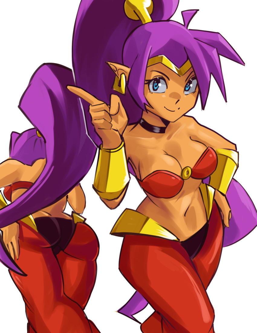 absurdres arabian_clothes ass big_hair blue_eyes bracer breasts closed_mouth dancer dark-skinned_female dark_skin earrings genie harem_pants highres hoop_earrings jewelry medium_breasts moxydraws navel o-ring o-ring_top pants pointy_ears purple_hair shantae shantae_(series) tiara