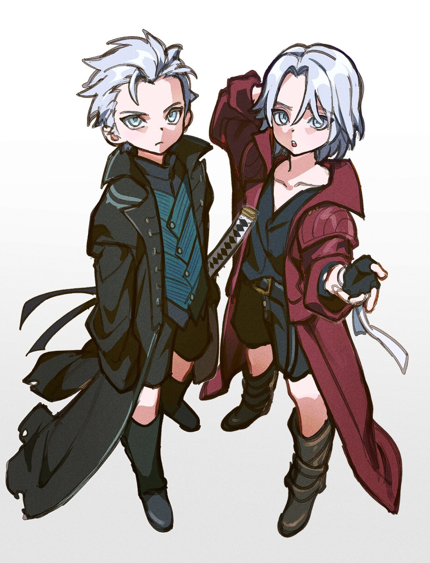 2boys aged_down black_gloves blue_coat blue_eyes brothers child coat dante_(devil_may_cry) devil_may_cry_(series) devil_may_cry_5 fingerless_gloves full_body gloves hair_slicked_back highres holding looking_at_viewer male_focus multiple_boys oversized_clothes red_coat siblings sword twins vergil_(devil_may_cry) weapon white_hair wuliu_heihuo yamato_(sword)