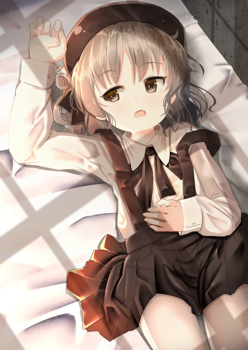 arm_up bangs bed_sheet beret black_hat black_ribbon black_skirt brown_eyes brown_hair collared_shirt commentary_request eyebrows_visible_through_hair fang flower hair_flower hair_ornament hair_rings hand_on_own_stomach hat hatoba_tsugu hatoba_tsugu_(character) highres looking_away looking_to_the_side lying mad_(hazukiken) mole mole_under_eye on_back open_mouth pantyhose pleated_skirt ribbon rose shirt skirt solo suspender_skirt suspenders virtual_youtuber white_flower white_legwear white_rose white_shirt