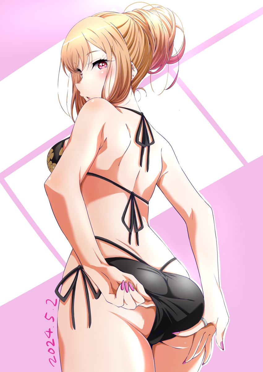 1girl adjusting_clothes adjusting_swimsuit ass back barbell_piercing bikini black_bikini blush breasts dated ear_piercing floral_print from_behind hair_bun halterneck highres jewelry kitagawa_marin looking_back medium_breasts open_mouth piercing pink_eyes pink_nails print_bikini ring side-tie_bikini_bottom solo sono_bisque_doll_wa_koi_wo_suru string_bikini swimsuit tsuji643163271