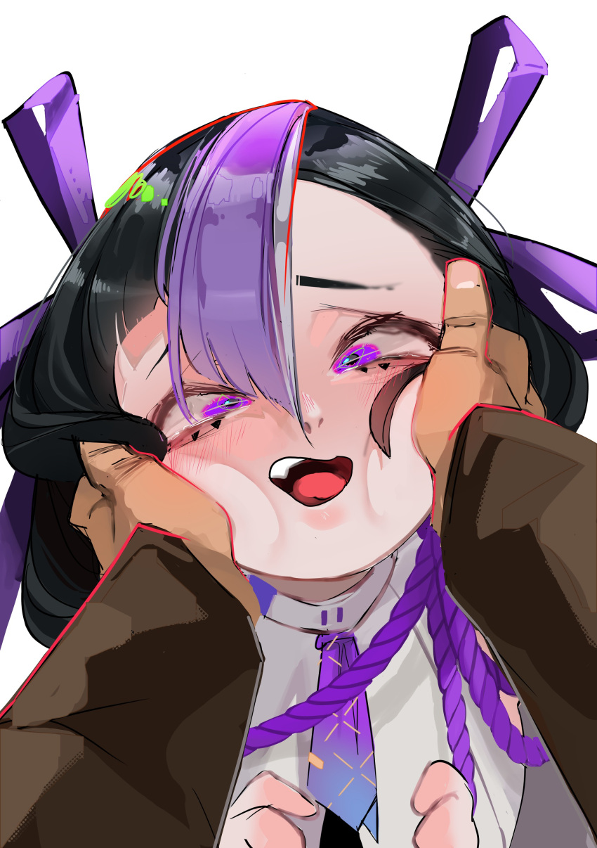 1girl absurdres black_hair blush cheek_squash goddess_of_victory:_nikke hands_on_another's_cheeks hands_on_another's_face head_tilt highres long_sleeves looking_at_viewer multicolored_hair open_mouth pov pov_hands purple_eyes purple_hair short_hair simple_background smile squeezing streaked_hair syuen_(nikke) tngkbmarlon wavy_mouth white_background