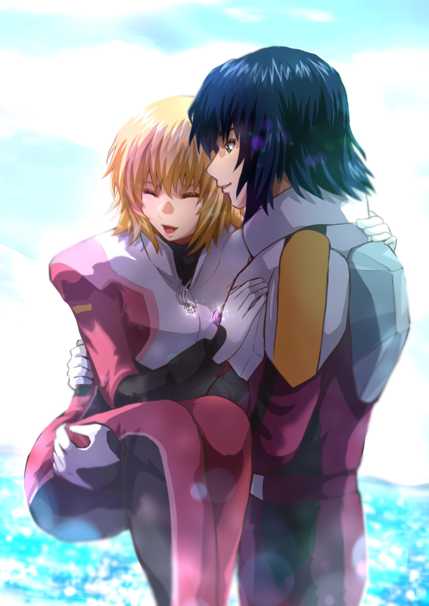 1boy 1girl amulet athrun_zala blonde_hair blue_hair cagalli_yula_athha carrying closed_eyes couple green_eyes gundam gundam_seed gundam_seed_freedom happy highres jewelry necklace oliverb26658072 pilot_suit princess_carry ring short_hair sky smile