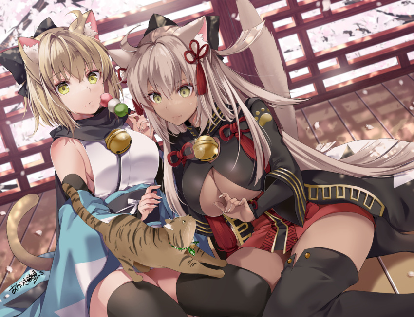 2girls ahoge akatsuki_hijiri animal_ears arm_guards bare_shoulders bell black_bow black_coat black_dress black_thighhighs blonde_hair bow breasts cat cat_ears cat_tail clothing_cutout coat dango dark-skinned_female dark_skin detached_sleeves dress fate/grand_order fate_(series) food grey_eyes hair_bow half_updo haori japanese_clothes jingle_bell kimono large_breasts long_hair long_sleeves looking_at_viewer multiple_girls obi off_shoulder okita_souji_(fate) okita_souji_(koha-ace) okita_souji_alter_(fate) okita_souji_alter_(second_ascension)_(fate) open_clothes open_coat red_dress sash short_hair short_kimono sleeveless sleeveless_kimono tail tassel thighhighs thighs two-tone_dress underboob underboob_cutout very_long_hair wagashi white_hair white_kimono wide_sleeves yellow_eyes