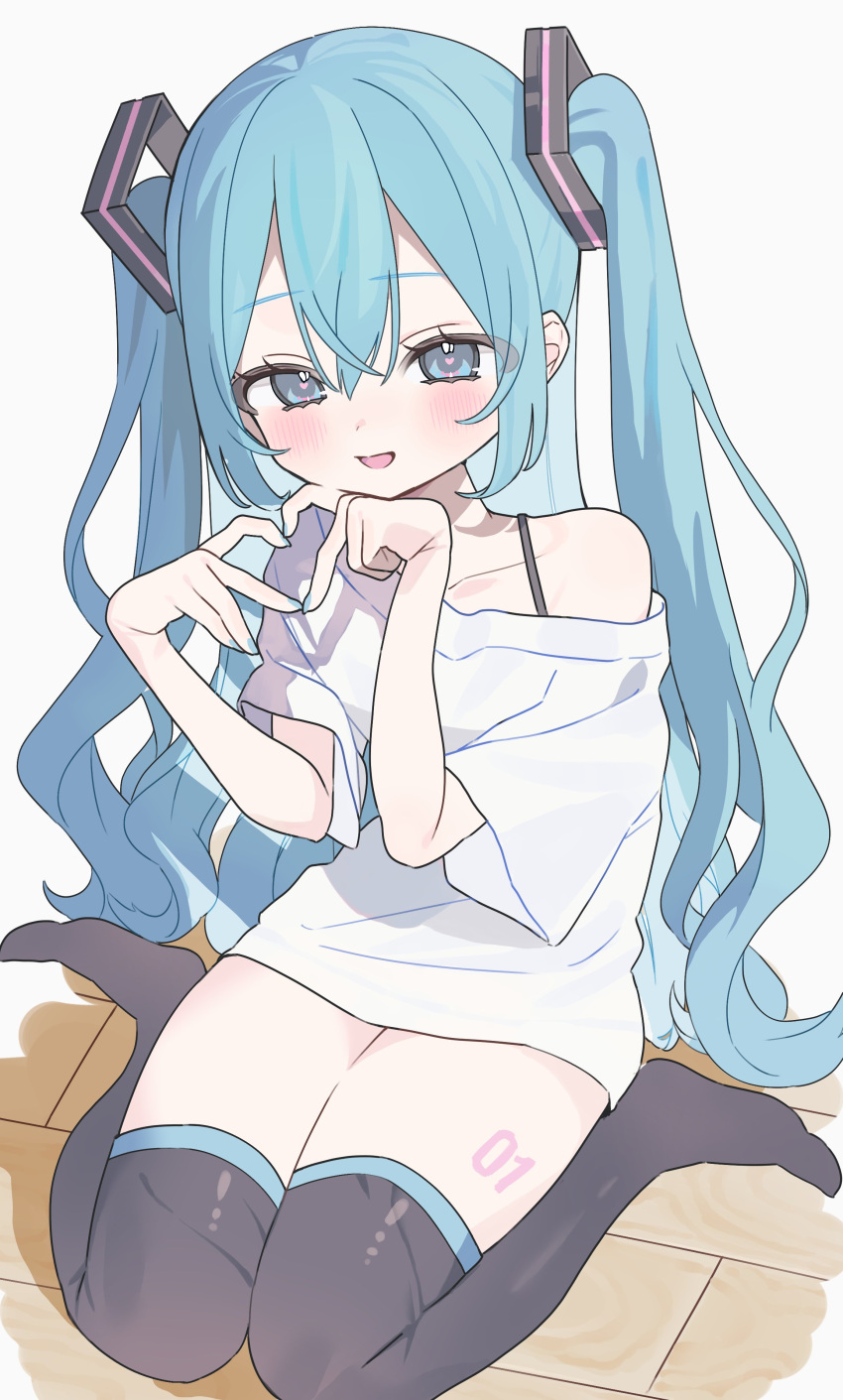 1girl absurdres blue_eyes blue_hair blue_nails blush flat_chest hair_between_eyes hakudaku hatsune_miku heart heart-shaped_pupils heart_hands highres long_hair looking_at_viewer off_shoulder open_mouth shirt single_bare_shoulder sitting smile solo symbol-shaped_pupils thighhighs twintails very_long_hair vocaloid white_shirt