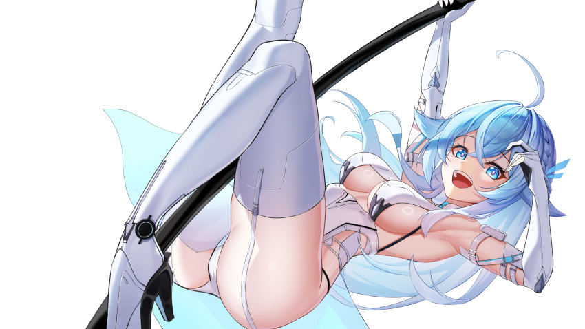 1girl absurdres ahoge arm_strap armpits arms_up ass bare_shoulders blue_eyes blue_hair boots braid breasts bright_pupils clothing_cutout dai_mao_xuan_yi elbow_gloves garter_straps gloves gradient_hair high_heel_boots high_heels highres knees_up large_breasts leg_up leotard long_hair looking_at_viewer loslyn_(tower_of_fantasy) multicolored_hair open_mouth panty_straps pelvic_curtain pole pole_dancing revealing_clothes see-through side_cutout sideboob sideless_leotard simple_background smile solo spaghetti_strap stripper_pole teeth thigh_boots thighhighs thighs tower_of_fantasy underboob underboob_cutout upper_teeth_only white_background white_footwear white_gloves white_hair white_leotard white_thighhighs