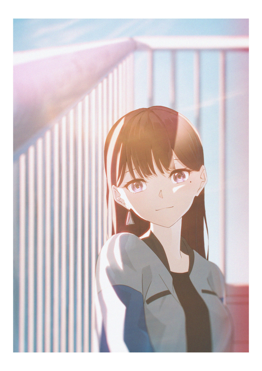 1girl absurdres bang_dream! bang_dream!_it's_mygo!!!!! black_shirt blue_sky blurry blurry_background brown_hair closed_mouth commentary day earrings highres jacket jewelry long_hair looking_at_viewer mole mole_under_eye open_clothes open_jacket outdoors purple_eyes railing shiina_taki shirt shu_atelier sky smile solo upper_body white_jacket