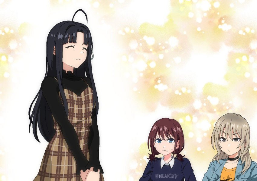 3girls ^_^ ahoge awa_subaru black_hair black_shirt blue_eyes blue_sweater brown_dress brown_hair closed_eyes closed_mouth collarbone collared_shirt commentary dress girls_band_cry grey_eyes grey_hair hair_between_eyes hair_ribbon hashtag-only_commentary highres iseri_nina kawaragi_momoka long_hair long_sleeves low_twintails medium_hair multiple_girls pinafore_dress plaid plaid_dress ribbon shirt short_hair sidelocks sleeveless sleeveless_dress sweatdrop sweater tk1129dane27 twintails white_ribbon white_shirt yellow_shirt