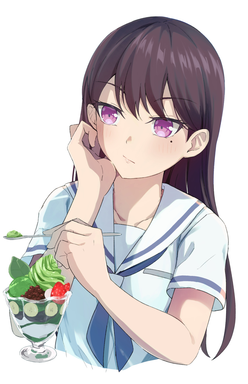 1girl absurdres bang_dream! bang_dream!_it's_mygo!!!!! blue_neckerchief blush closed_mouth collarbone commentary cropped_torso hair_behind_ear hanasakigawa_school_uniform head_rest highres holding holding_spoon ice_cream_spoon lavirince long_hair matcha_parfait mole mole_under_eye neckerchief purple_eyes sailor_collar school_uniform serafuku shiina_taki shirt short_sleeves simple_background solo spoon upper_body white_background white_sailor_collar white_shirt