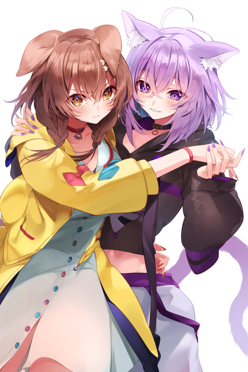 2girls absurdres ahoge animal_ears black_collar black_sweater blue_bow blush bow brown_hair buttons cat_ears cat_girl cat_tail closed_mouth coat collar dog_ears dog_girl dress grin hand_on_another's_back hand_on_another's_shoulder highres holding_hands hololive hood hood_down inugami_korone inugami_korone_(1st_costume) long_sleeves looking_at_viewer midriff multiple_girls nekomata_okayu nekomata_okayu_(1st_costume) open_clothes open_coat puffy_sleeves purple_eyes purple_hair purple_nails red_bow red_collar smile sugisoar sweater tail virtual_youtuber white_background white_dress yellow_coat yellow_eyes