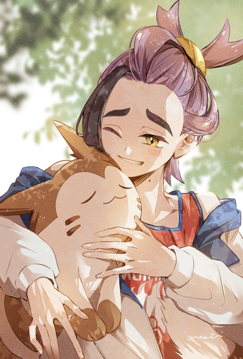 1boy :3 black_hair blush closed_eyes dappled_sunlight furret grin highres hkkmrbsrns jacket kieran_(pokemon) long_sleeves male_focus mole mole_on_neck one_eye_closed open_clothes open_jacket orange_eyes outdoors pokemon pokemon_(creature) pokemon_sv purple_hair red_tank_top signature smile sunlight tank_top upper_body white_jacket