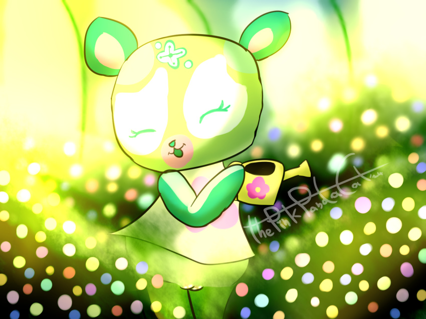 2024 anthro arl bear blue_flower clothed clothing dress eyes_closed female flower fur genitals green_body green_fur greenhouse hi_res mammal multicolored_flower pink_flower plant polar_bear pussy shrub solo thepinkpandacat ursine vivarium watering_can watermark yellow_flower zoobles!