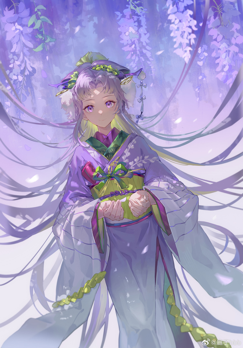 1girl character_request check_character check_copyright chinese_commentary closed_mouth commentary_request copyright_request cupping_hands feet_out_of_frame floating_hair flower fujihime_(onmyoji) green_ribbon green_sash hair_intakes hair_ornament hairpin highres japanese_clothes jewelry kimono layered_sleeves leaf long_hair long_sleeves looking_at_viewer obi onmyoji own_hands_together purple_eyes purple_flower purple_hair purple_kimono ribbon ring sash smile solo standing ting_zi_bbb very_long_hair watermark weibo_logo wide_sleeves