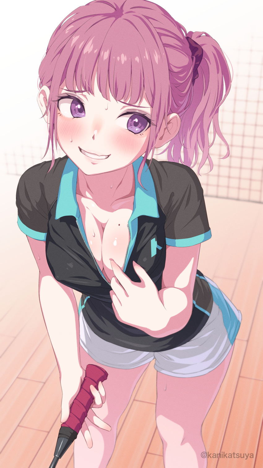 1girl absurdres badminton_racket blush breasts brown_hair cleavage collarbone collared_shirt covered_nipples from_above highres holding holding_racket kanikatsuya mole mole_on_breast original ponytail purple_eyes racket shirt short_sleeves shorts smile solo sweat white_shirt white_shorts