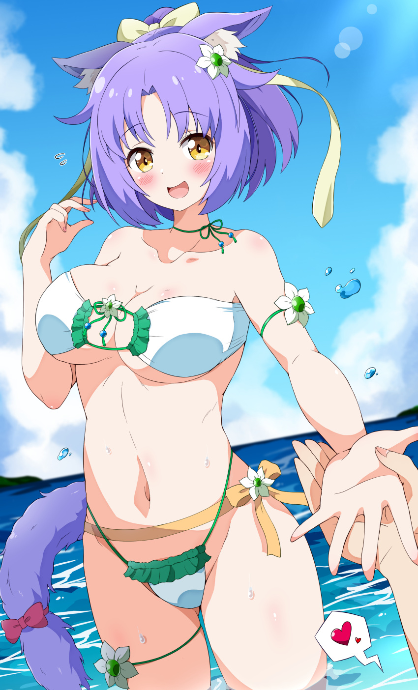 1boy 1girl :d absurdres animal_ear_fluff animal_ears bare_shoulders bikini blue_sky blush bow breasts cat_ears cat_girl cat_tail cinnamon_(nekopara) cleavage cloud collarbone commentary_request commission cowboy_shot curvy day eggman_(pixiv28975023) flower flying_sweatdrops frilled_bikini frills hair_flower hair_ornament hair_ribbon happy heart hetero highleg highleg_bikini highres holding_hands horizon large_breasts lens_flare looking_at_viewer navel nekopara ocean open_mouth out_of_frame outdoors parted_bangs pov pov_hands purple_hair ribbon short_hair skeb_commission sky smile solo_focus speech_bubble spoken_heart standing swimsuit tail tail_bow tail_ornament underboob water_drop white_bikini white_flower yellow_eyes yellow_ribbon