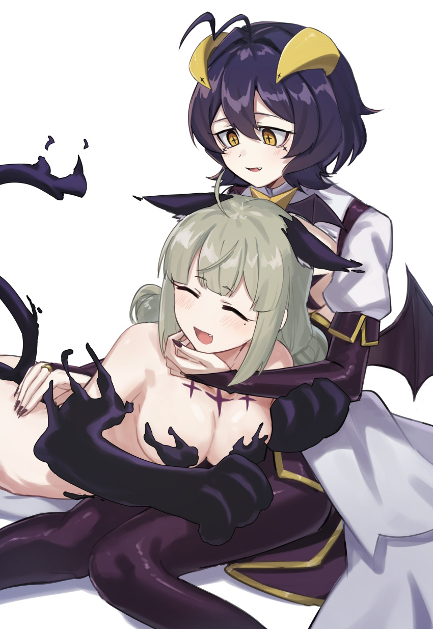 2girls :d ^_^ absurdres ahoge animal_ears animal_hands aoki_shizumi araga_kiwi bags_under_eyes black_hair blush breasts bridal_gauntlets closed_eyes demon_horns demon_wings double_bun elbow_gloves fang fingernails gloves green_hair hair_bun hand_on_another's_back hand_on_another's_cheek hand_on_another's_chin hand_on_another's_face highres hiiragi_utena horns leoparde_(mahou_shoujo_ni_akogarete) long_fingernails lying magia_baiser mahou_shoujo_ni_akogarete mole mole_under_eye multiple_girls on_stomach open_mouth smile stroking_another's_chin symbol-shaped_pupils tail wings yellow_eyes yuri