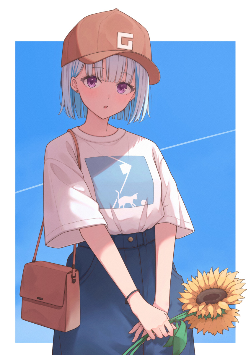 1girl absurdres bag baseball_cap blue_hair blue_pants border colored_inner_hair commentary_request cowboy_shot earrings ene_mizunoawa flower hat highres jewelry lize_helesta looking_at_viewer multicolored_hair nijisanji open_mouth outdoors pants purple_eyes red_hat revision shirt short_hair short_sleeves solo standing sunflower v_arms virtual_youtuber white_border white_hair white_shirt