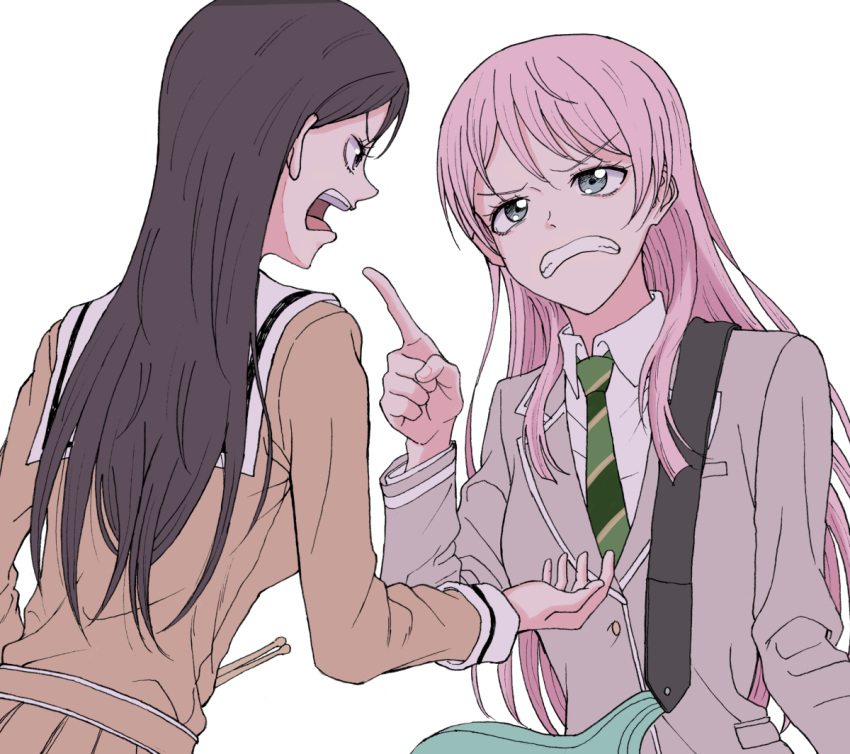 2girls angry arguing bang_dream! bang_dream!_it's_mygo!!!!! black_hair blazer brown_hair brown_shirt brown_skirt chihaya_anon clenched_teeth collared_shirt drumsticks frown green_necktie grey_eyes grey_jacket guitar guitar_strap hanasakigawa_school_uniform haneoka_school_uniform holding holding_drumsticks instrument ishinomaki_rokorou jacket long_hair multiple_girls necktie open_mouth pink_hair pleated_skirt pointing pointing_at_another school_uniform shiina_taki shirt shouting simple_background skirt striped_necktie teeth upper_body white_background white_shirt