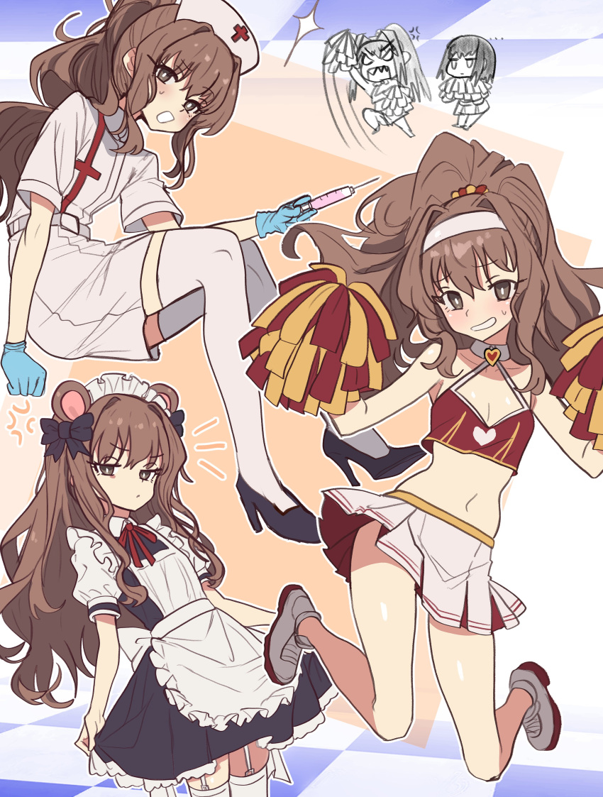 1girl absurdres blush breasts brown_hair cheerleader ebora hat highres kumari_kojika long_hair looking_at_viewer mahou_tsukai_no_yoru multiple_views nurse nurse_cap pom_pom_(cheerleading) small_breasts tsukihime white_background