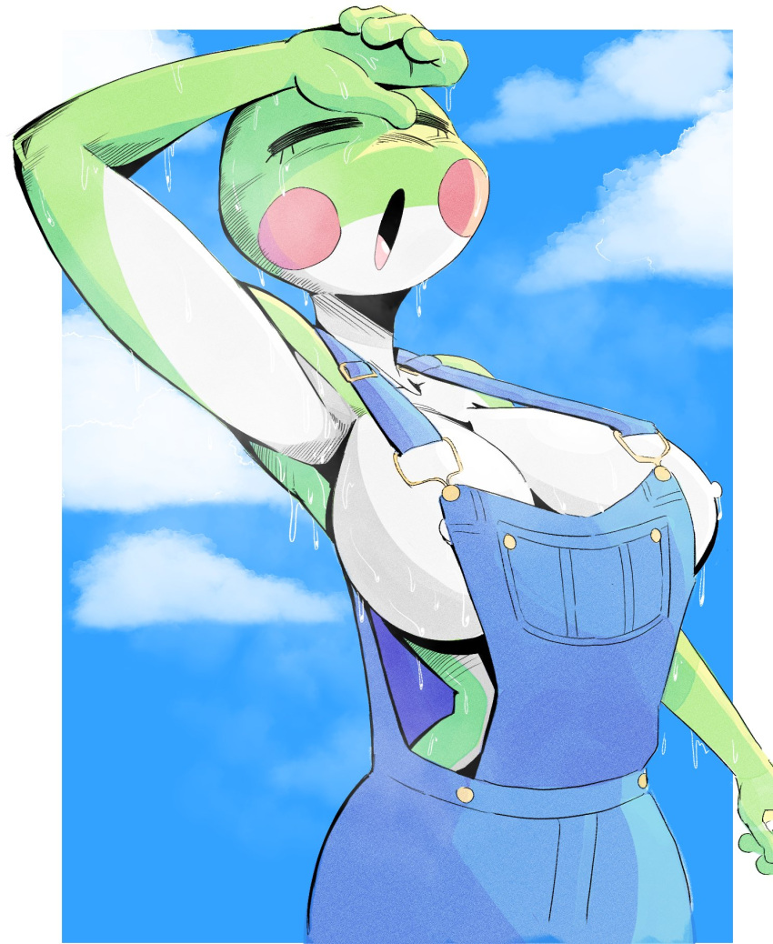 amphibian anthro big_breasts breasts cleavage clothed clothing cloud eyes_closed female frog green_body green_skin grefina_(noirchaton4) hi_res huge_breasts noirchaton4 overalls red_cheeks sky small_waist solo tree_frog wiping_forehead wiping_sweat