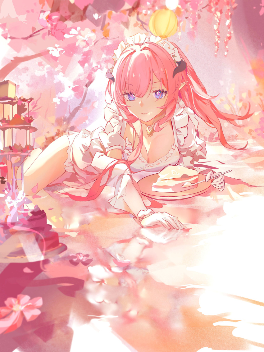 absurdres apron breasts cake cake_slice cherry_blossoms cleavage elysia_(honkai_impact) flower food gloves highres honkai_(series) honkai_impact_3rd maid_apron maid_headdress multicolored_eyes original petals pink_hair pointy_ears purple_eyes quivit white_gloves wisteria