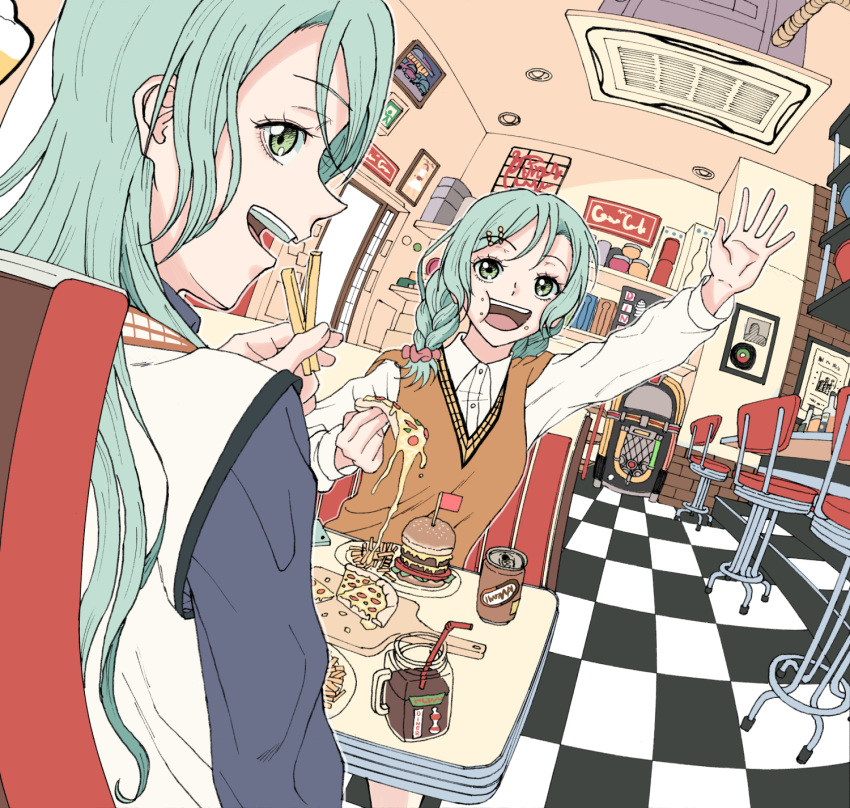 2girls aqua_hair arm_up bang_dream! bar_stool blue_shirt braid brown_sweater_vest burger checkered_floor collared_shirt drinking_straw eating fisheye food french_fries green_eyes hair_ornament hairclip highres hikawa_hina hikawa_sayo holding holding_food holding_pizza indoors ishinomaki_rokorou jukebox long_hair low_twin_braids medium_hair multiple_girls pizza shirt siblings sisters sitting stool sweater_vest twin_braids vest waving white_shirt white_vest