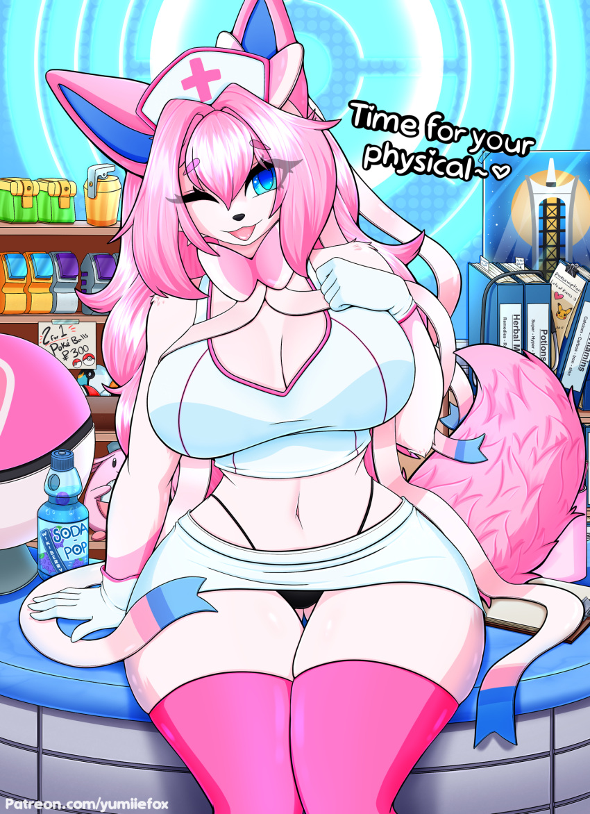 anthro big_breasts blue_eyes breasts caption cleavage clothed clothing dialogue eeveelution female fluffy fluffy_tail fur generation_6_pokemon hat headgear headwear hi_res legwear looking_at_viewer midriff nintendo nurse nurse_clothing nurse_hat nurse_headwear nurse_uniform one_eye_closed panties pink_body pink_fur pinup pokemon pokemon_(species) pose sitting solo suggestive sylveon tail thigh_highs underwear uniform upskirt wink winking_at_viewer yumiiefox