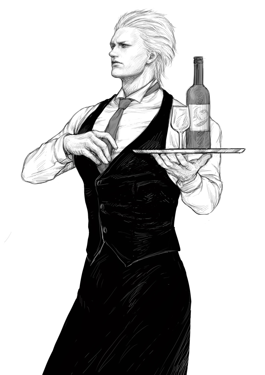 1boy absurdres closed_mouth collared_shirt devil_may_cry_(series) devil_may_cry_5 greyscale hair_slicked_back highres holding holding_plate long_sleeves male_focus monochrome muscular muscular_male plate realistic shirt simple_background sketch solo upper_body vergil_(devil_may_cry) waiter white_background ye_(ye79132751)