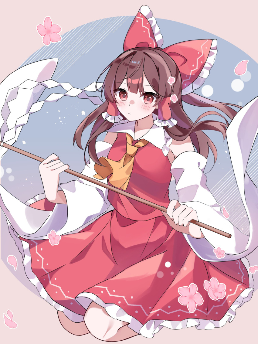 1girl absurdres ascot blush bow brown_hair closed_mouth detached_sleeves flower frilled_bow frilled_hair_tubes frills gohei hair_bow hair_tubes hakurei_reimu hidukihumi highres long_hair looking_at_viewer pink_flower pink_petals red_bow red_eyes red_skirt skirt skirt_set solo touhou yellow_ascot