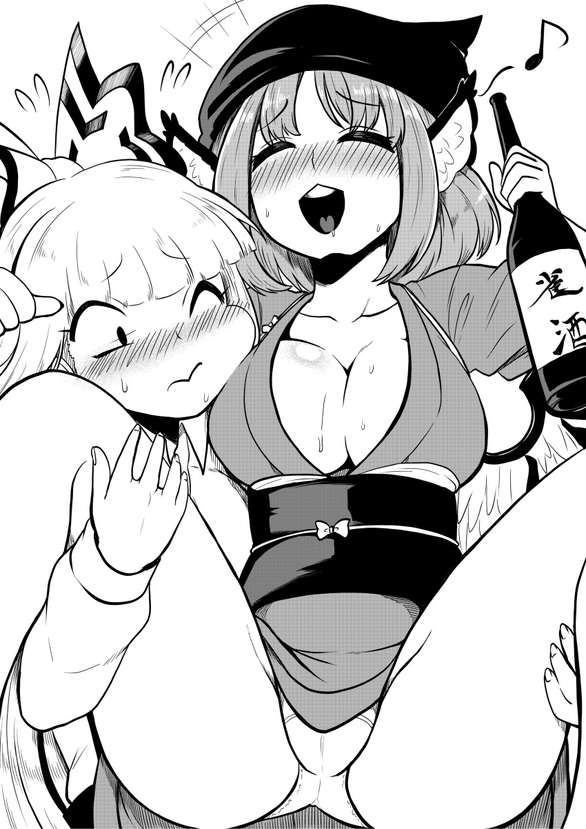 2girls absurdres animal_ears arm_up bangs blush bottle bow breasts carrying cleavage closed_eyes commentary_request drunk eighth_note eyebrows_visible_through_hair facing_viewer flying_sweatdrops fujiwara_no_mokou greyscale hair_bow head_scarf heart heart_in_mouth highres himajin_noizu holding holding_bottle large_breasts long_hair monochrome multiple_girls musical_note mystia_lorelei nose_blush obi okamisty one_eye_closed open_mouth panties sake_bottle sash short_hair simple_background spread_legs sweat tasuki touhou underwear white_background