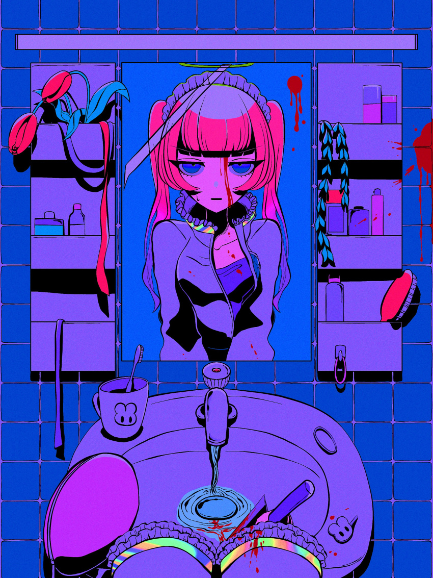 1girl absurdres bathroom bleeding bleeding_from_forehead blood blood_on_face blood_on_weapon blood_splatter blue_eyes breasts commentary cup expressionless faucet flower frilled_hairband frilled_sleeves frills hair_brush hairband halo highres holding holding_knife ichiki_(1_09) indoors knife long_hair long_sleeves looking_at_mirror looking_at_viewer medium_breasts mirror mug original pink_hair plant pov red_flower reflection sink sleeves_past_wrists solo straight-on symbol-only_commentary tile_wall tiles toothbrush twintails vines water weapon