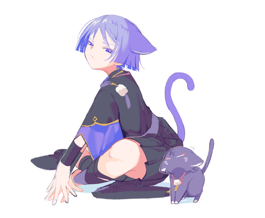 0_mix_9 1boy animal_ears armor cat cat_boy cat_ears cat_tail closed_eyes closed_mouth commentary from_side genshin_impact highres japanese_armor japanese_clothes kote kurokote male_focus nuzzle own_hands_together purple_eyes purple_hair scaramouche_(cat)_(genshin_impact) scaramouche_(genshin_impact) simple_background sitting tail white_background wide_sleeves