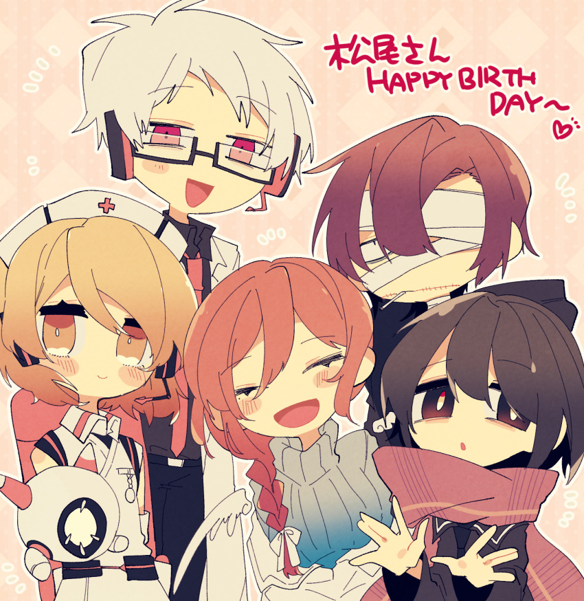 2boys 3girls \||/ argyle_background bandage_over_one_eye black_eyes black_neckerchief black_pants black_serafuku black_shirt blue_sweater braid braided_ponytail bright_pupils brown_eyes brown_hair closed_eyes closed_mouth coat commentary_request constricted_pupils detached_wings dr._dareka dress drone facing_viewer glasgow_smile glasses hair_between_eyes hair_over_shoulder hands_up happy_birthday hat headset highres hood hood_down jacket jacket_partially_removed kaze_imo lab_coat long_sleeves looking_at_viewer matsuo_tsubasa multiple_boys multiple_girls neckerchief necktie netsu_teki nurse_cap nurse_robot_type_t open_clothes open_coat open_mouth outline pants pink_background red_eyes red_necktie red_scarf ribbed_sweater sanada_ima scarf school_uniform serafuku shirt short_hair single_blush_sticker sleeveless sleeveless_dress smile stitched_face stitches sweater turtleneck turtleneck_sweater utau voicevox white_coat white_dress white_hair white_jacket white_outline white_pupils wings