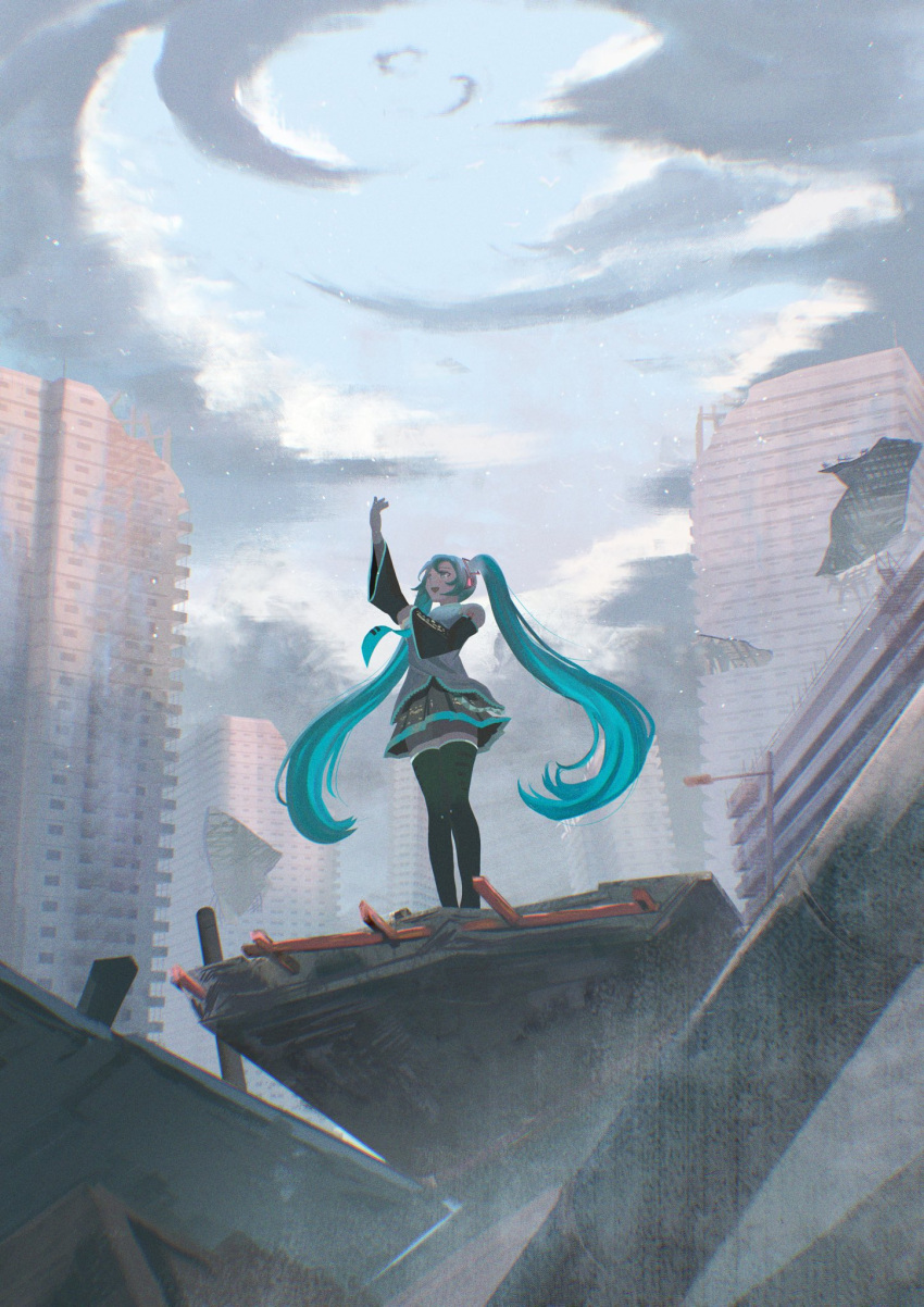 1girl aqua_hair aqua_necktie black_skirt black_sleeves boots cityscape cloud cloudy_sky detached_sleeves grey_shirt hand_on_own_chest hatsune_miku highres long_hair music necktie open_mouth post-apocalypse reaching reiartdayo rubble shirt singing skirt sky solo swirling thigh_boots twintails vocaloid