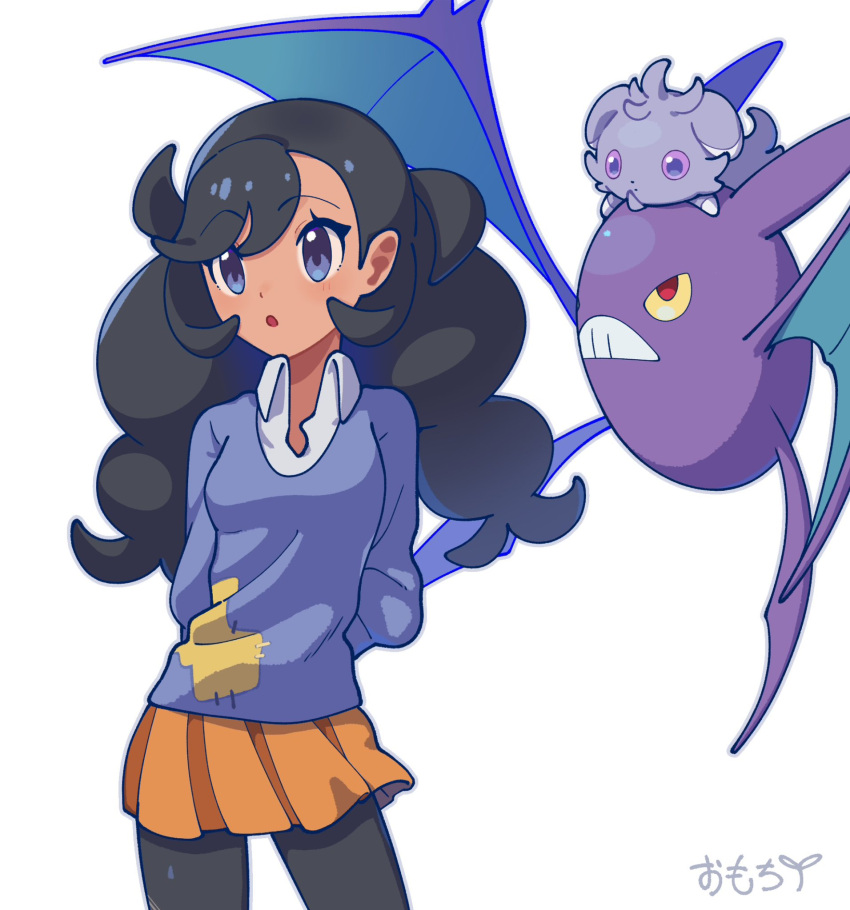 1girl :o arms_behind_back black_hair black_pantyhose crobat dark-skinned_female dark_skin emma_(pokemon) espurr highres long_hair long_sleeves omochi_(omotimotittona3) open_mouth orange_skirt pantyhose pokemon pokemon_(creature) pokemon_xy purple_shirt shirt skirt white_background