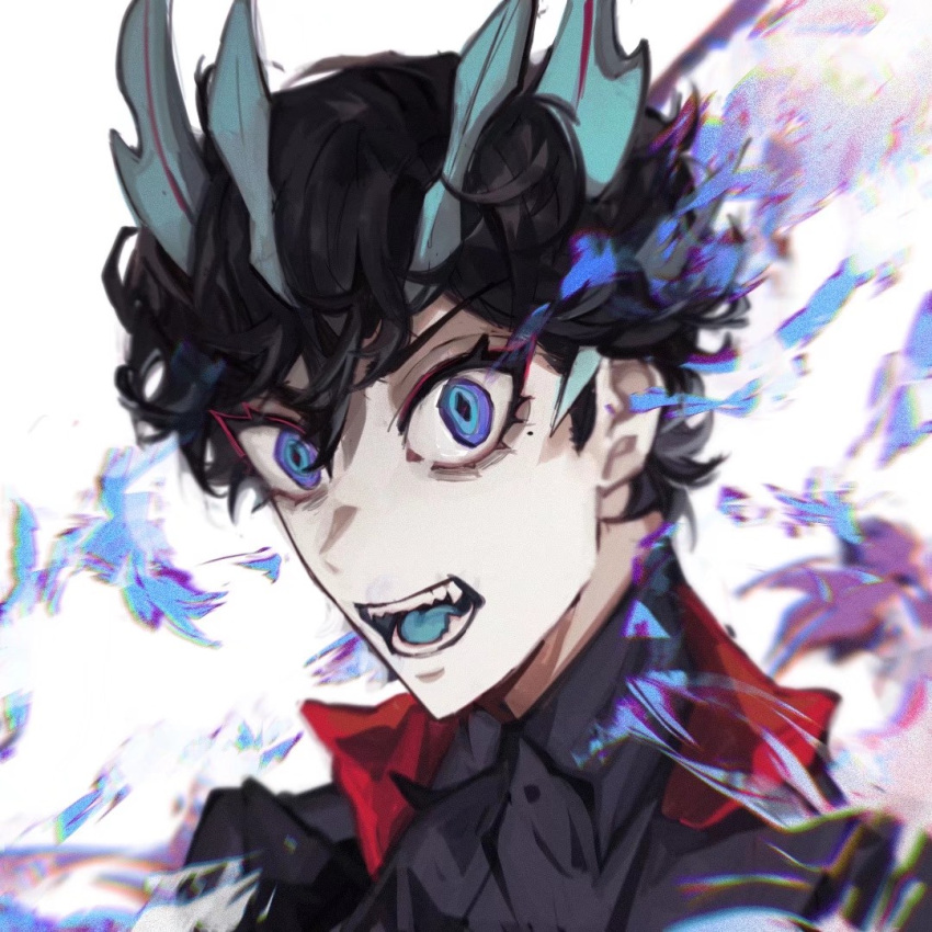 1boy adapted_costume black_hair black_jacket black_shirt blue_eyes blue_fire blue_tongue bone colored_tongue dragon dragon_boy dragon_horns dress_shirt fire horns jacket kamen_rider kamen_rider_saber kamen_rider_saber_(series) kamen_rider_saber_primitive_dragon_brave_dragon kamiyama_touma male_focus meowq open_mouth shirt solo