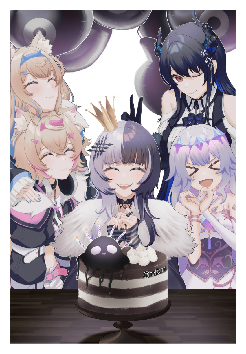 animal_ear_fluff animal_ears asymmetrical_horns birthday birthday_cake black_hair blonde_hair blue_hair cake colored_inner_hair commentary crystal_horns demon_horns dog_ears dog_girl english_commentary food fuwawa_abyssgard fuwawa_abyssgard_(1st_costume) grey_hair hair_ornament hazel_(hzlform) highres holoadvent hololive hololive_english horns jewel_under_eye koseki_bijou koseki_bijou_(1st_costume) long_hair mococo_abyssgard mococo_abyssgard_(1st_costume) mole mole_under_eye multicolored_hair multiple_girls nerissa_ravencroft nerissa_ravencroft_(1st_costume) pink_hair shiori_novella shiori_novella_(1st_costume) siblings sisters smile split-color_hair streaked_hair twins two-tone_hair uneven_horns virtual_youtuber yorick_(shiori_novella)