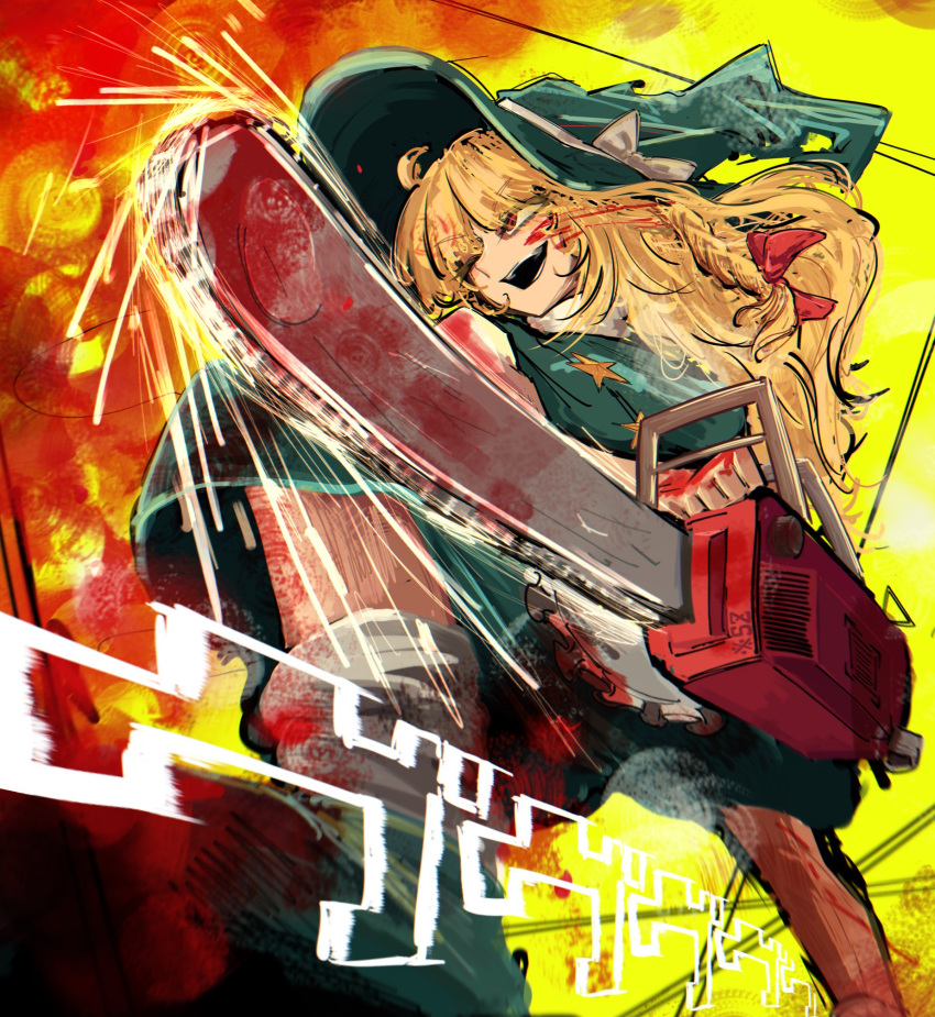 1girl apron black_footwear black_hat black_skirt black_vest blonde_hair blood blood_on_weapon bow braid chainsaw cookie_(touhou) foot_out_of_frame hair_bow hat hat_bow highres holding holding_chainsaw kirisame_marisa long_hair looking_afar medium_bangs odoro_(nicoseiga81184094) one_eye_closed open_mouth orange_background red_bow red_eyes shirt single_braid skirt skirt_set smile socks solo suzu_(cookie) touhou turtleneck turtleneck_shirt unusually_open_eyes vest waist_apron weapon white_apron white_bow white_shirt white_socks witch_hat yellow_background