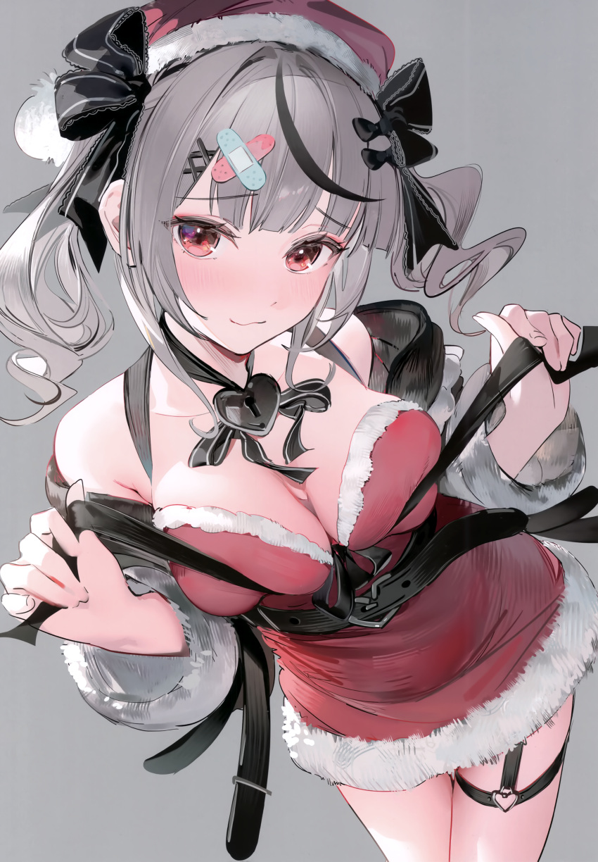 absurdres bandaid bandaid_hair_ornament bell belt black_belt black_hair blush breasts closed_mouth dress frilled_dress frills grey_hair hair_ornament hair_ribbon hat highres holding holding_bell hololive large_breasts long_sleeves looking_at_viewer multicolored_hair red_dress red_eyes ribbon sakamata_chloe santa_costume santa_hat scan standing streaked_hair thigh_strap twintails umibouzu_(niito) virtual_youtuber x_hair_ornament