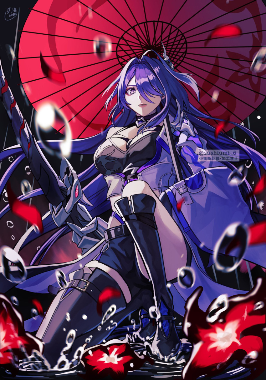 1girl acheron_(honkai:_star_rail) armor belt black_belt black_choker black_gloves black_shorts boots breasts choker cleavage coat commentary_request criss-cross_halter eyes_visible_through_hair eyeshadow flower gloves hair_ornament hair_over_one_eye halterneck highres holding holding_sword holding_weapon honkai:_star_rail honkai_(series) knee_boots large_breasts long_hair looking_at_viewer makeup midriff_peek multicolored_hair oil-paper_umbrella on_one_knee parted_lips pink_lips purple_eyes purple_hair rain red_eyeshadow red_flower red_petals scabbard sheath shorts shoulder_armor signature single_bare_shoulder single_knee_boot single_thigh_boot solo splashing streaked_hair sushi_umi sword thigh_boots thighs twitter_username umbrella very_long_hair water water_drop weapon white_coat